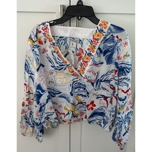 NWT Rachel Zoe Floral Blouse Long Sleeve V Neck Crop Top White Size L‎